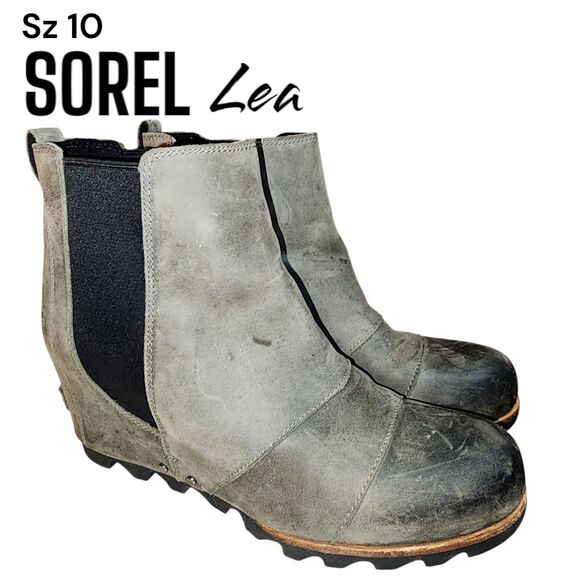SOREL LEA Sz10 Olive Green Burnished Leather Outdoor Snow Wedge Boho Ankle Boots - Picture 1 of 13